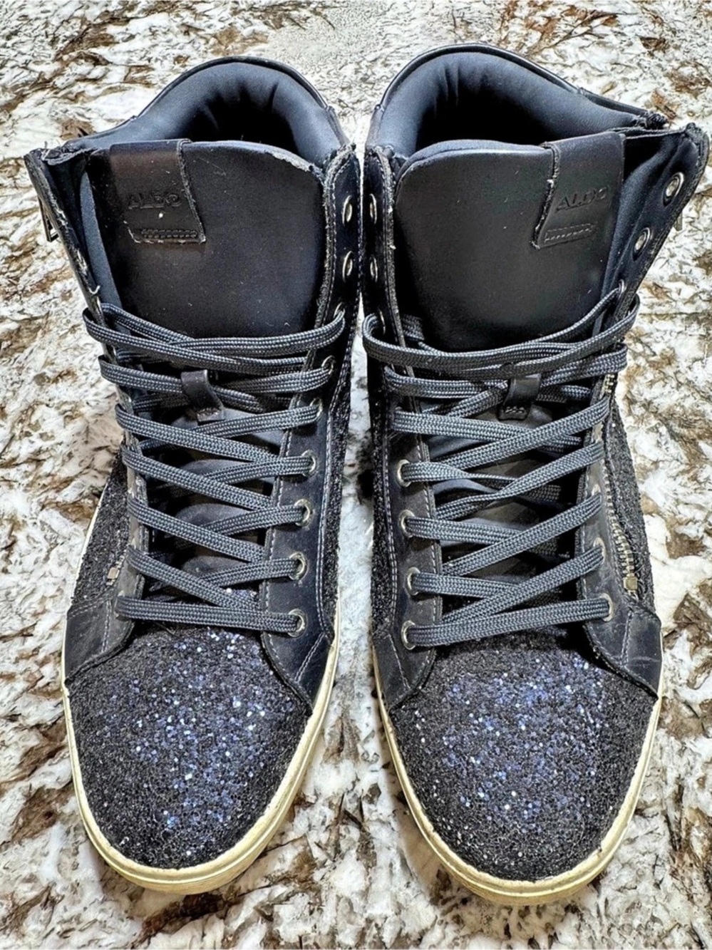ALDO Men’s Black Glitter High Top Sneakers Side Zip Size US 9 EU 42